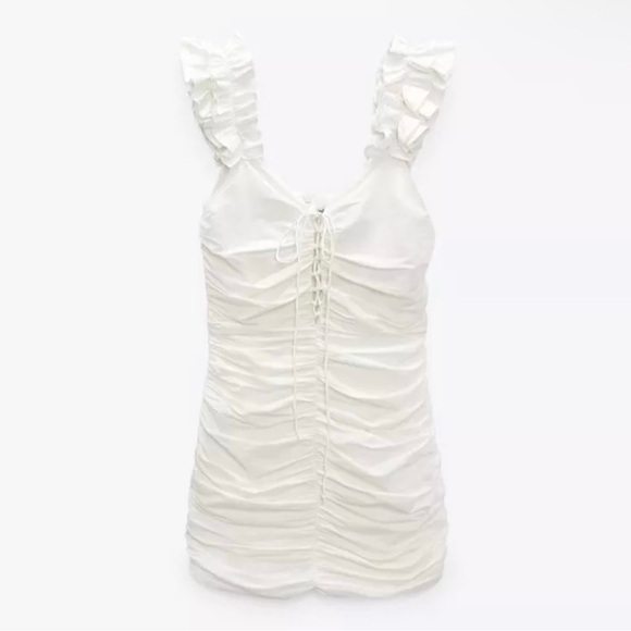 Women Draped Off White Linen Blend Zara Bodycon Mini Dress - Picture 8 of 10